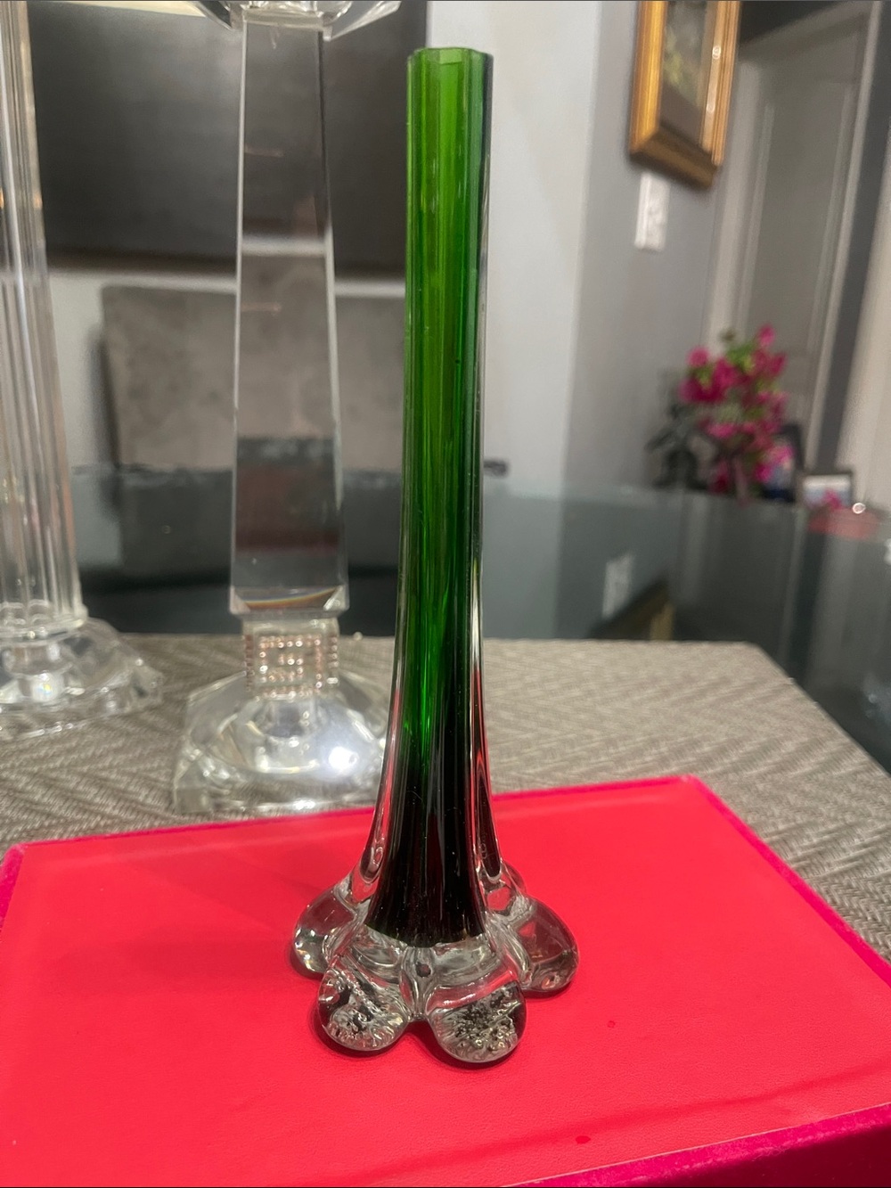 Vintage - Hand Blown Vibrant Green Long Stem Bud Vase 8”